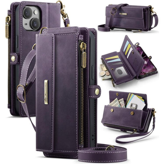 For iPhone 15 CaseMe C39 RFID Blocking Zipper Wallet Leather Phone Case with Crossbody Strap(Purple)