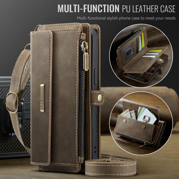 For iPhone 13 CaseMe C39 RFID Blocking Zipper Wallet Leather Phone Case with Crossbody Strap(Coffee) - iPhone 13 Cases by CaseMe | Online Shopping UK | buy2fix
