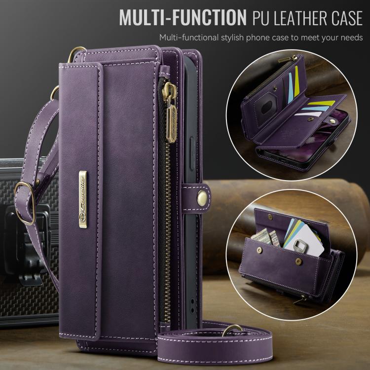 For iPhone 13 CaseMe C39 RFID Blocking Zipper Wallet Leather Phone Case with Crossbody Strap(Purple) - iPhone 13 Cases by CaseMe | Online Shopping UK | buy2fix
