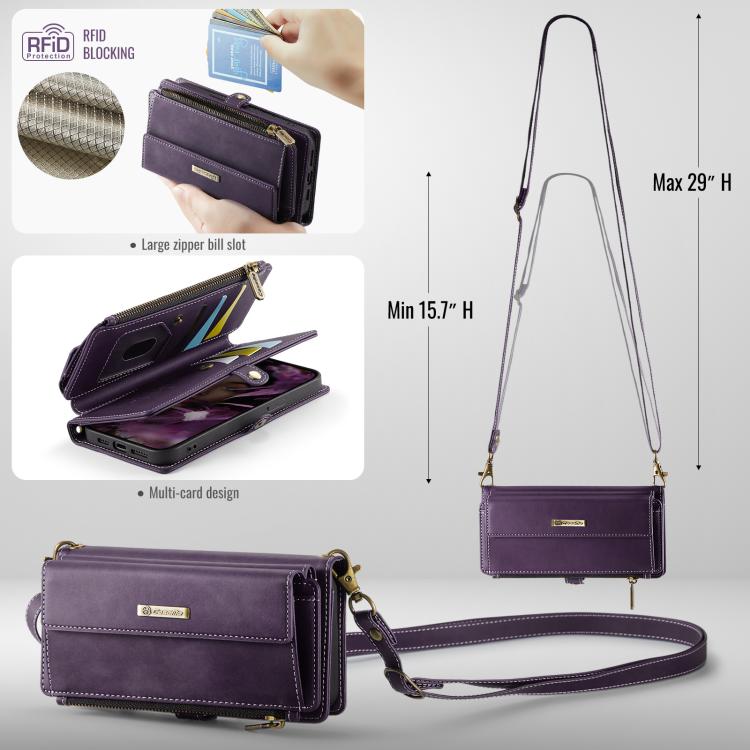 For iPhone 13 CaseMe C39 RFID Blocking Zipper Wallet Leather Phone Case with Crossbody Strap(Purple) - iPhone 13 Cases by CaseMe | Online Shopping UK | buy2fix