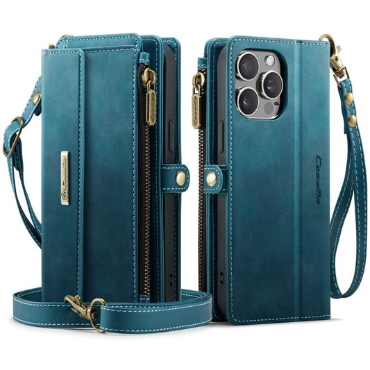 For iPhone 12 Pro Max CaseMe C39 RFID Blocking Zipper Wallet Leather Phone Case with Crossbody Strap(Green) - iPhone 12 Pro Max Cases by CaseMe | Online Shopping UK | buy2fix