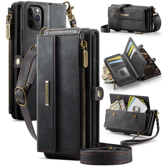 For iPhone 11 Pro Max CaseMe C39 RFID Blocking Zipper Wallet Leather Phone Case with Crossbody Strap(Black) - iPhone 11 Pro Max Cases by CaseMe | Online Shopping UK | buy2fix