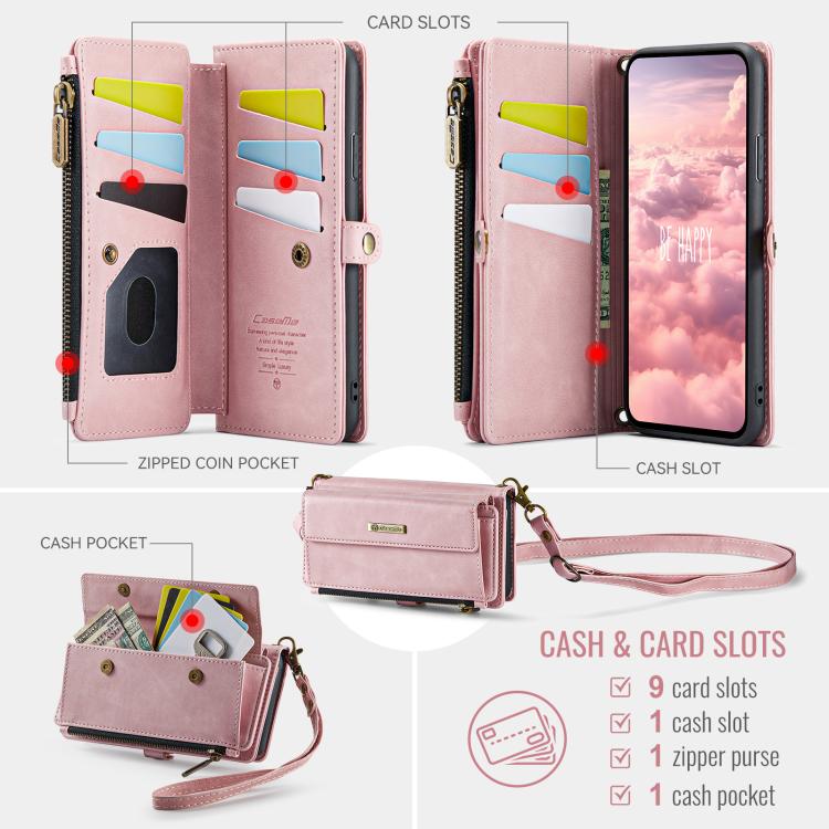 For iPhone 11 CaseMe C39 RFID Blocking Zipper Wallet Leather Phone Case with Crossbody Strap(Pink) - iPhone 11 Cases by CaseMe | Online Shopping UK | buy2fix