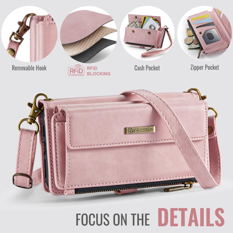 For iPhone 11 CaseMe C39 RFID Blocking Zipper Wallet Leather Phone Case with Crossbody Strap(Pink) - iPhone 11 Cases by CaseMe | Online Shopping UK | buy2fix