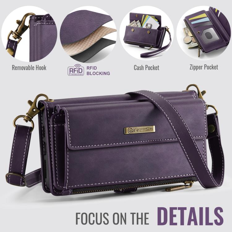 For iPhone 11 CaseMe C39 RFID Blocking Zipper Wallet Leather Phone Case with Crossbody Strap(Purple) - iPhone 11 Cases by CaseMe | Online Shopping UK | buy2fix