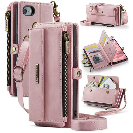 For iPhone 7 / 8 / SE 2022 CaseMe C39 RFID Blocking Zipper Wallet Leather Phone Case with Crossbody Strap(Pink) - iPhone SE 2022 / 2020 / 8 / 7 Cases by CaseMe | Online Shopping UK | buy2fix