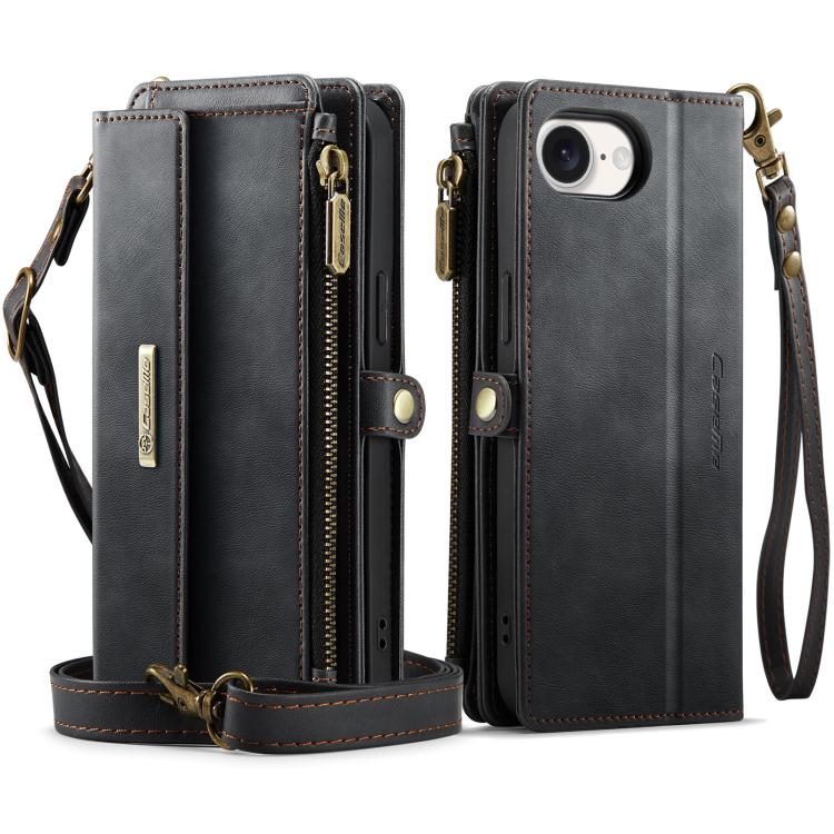For iPhone 16e CaseMe C39 RFID Blocking Zipper Wallet Leather Phone Case with Crossbody Strap(Black) - iPhone 16e Cases by CaseMe | Online Shopping UK | buy2fix