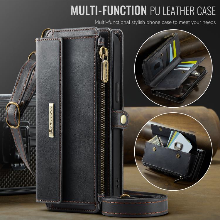For iPhone 16e CaseMe C39 RFID Blocking Zipper Wallet Leather Phone Case with Crossbody Strap(Black) - iPhone 16e Cases by CaseMe | Online Shopping UK | buy2fix