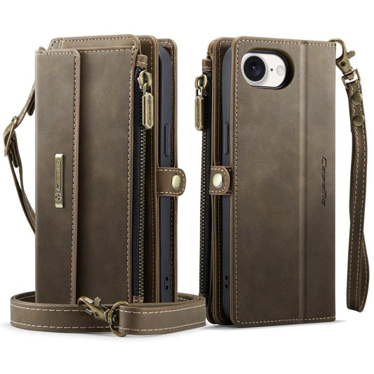 For iPhone 16e CaseMe C39 RFID Blocking Zipper Wallet Leather Phone Case with Crossbody Strap(Coffee) - iPhone 16e Cases by CaseMe | Online Shopping UK | buy2fix