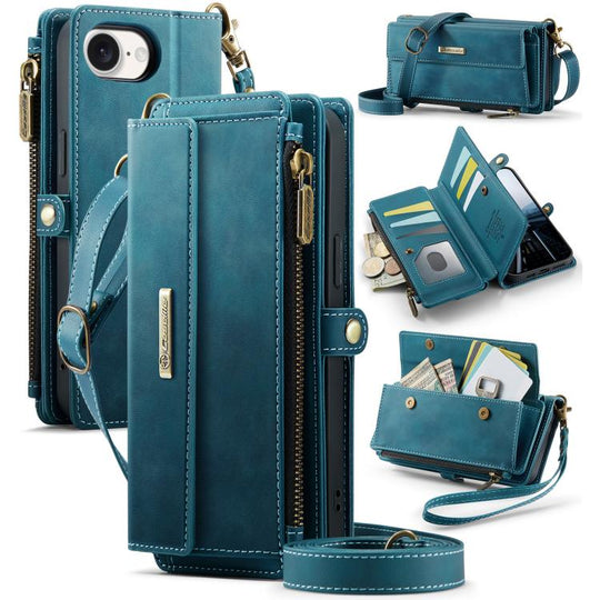 For iPhone 17e / 16e CaseMe C39 RFID Blocking Zipper Wallet Leather Phone Case with Crossbody Strap(Green)