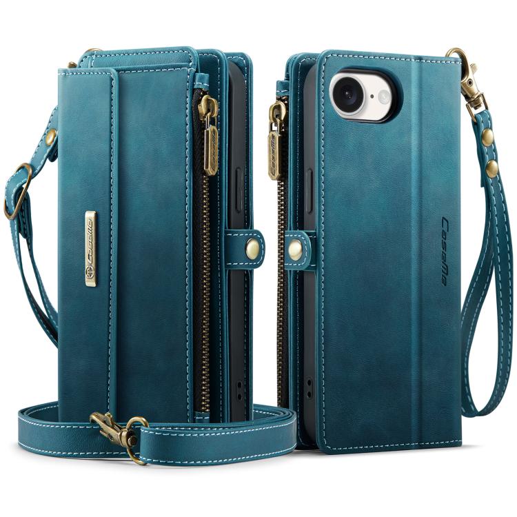 For iPhone 16e CaseMe C39 RFID Blocking Zipper Wallet Leather Phone Case with Crossbody Strap(Green) - iPhone 16e Cases by CaseMe | Online Shopping UK | buy2fix