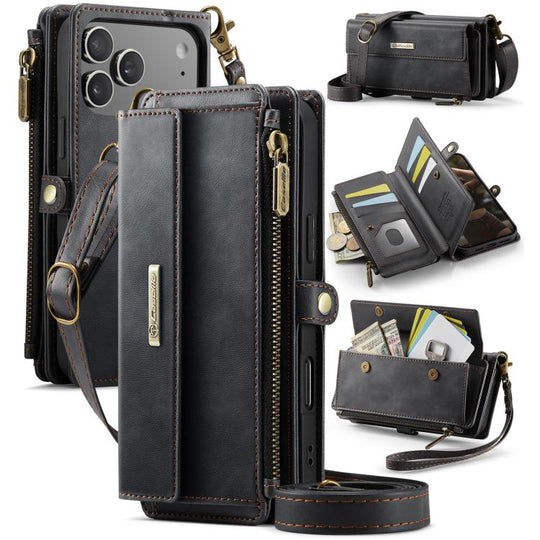 For iPhone 18 Pro Max / 17 Pro Max CaseMe C39 RFID Blocking Zipper Wallet Leather Phone Case with Crossbody Strap(Black)