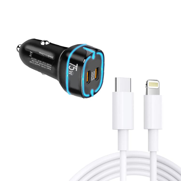 PD45W + PD30W Dual Port Type-C Car Charger with USB-C to 8 Pin Data Cable(Black) - Car Charger by buy2fix | Online Shopping UK | buy2fix