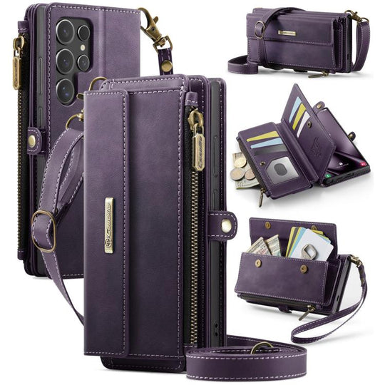 For Samsung Galaxy S25 Ultra 5G CaseMe C39 RFID Blocking Zipper Wallet Leather Phone Case with Crossbody Strap(Purple)