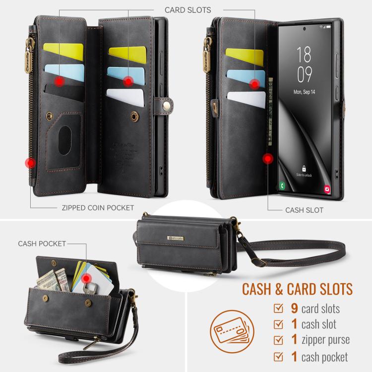 For Samsung Galaxy S24 Ultra 5G CaseMe C39 RFID Blocking Zipper Wallet Leather Phone Case with Crossbody Strap(Black) - Galaxy S24 Ultra 5G Cases by CaseMe | Online Shopping UK | buy2fix