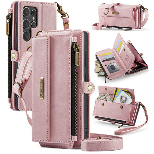 For Samsung Galaxy S24 Ultra 5G CaseMe C39 RFID Blocking Zipper Wallet Leather Phone Case with Crossbody Strap(Pink)