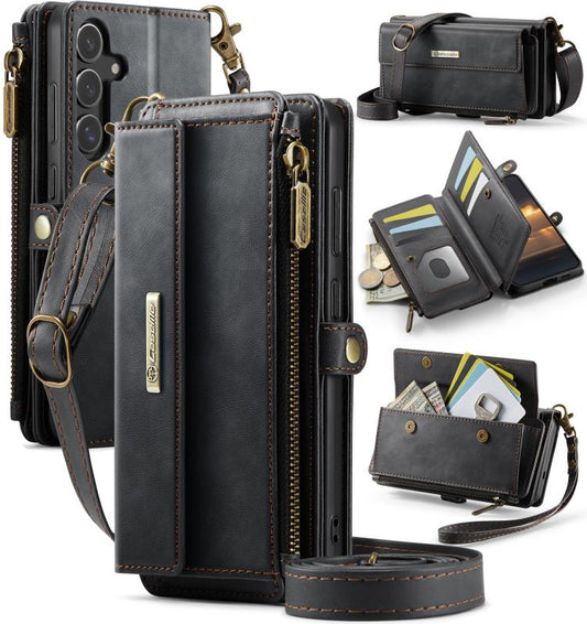 For Samsung Galaxy S24 FE 5G CaseMe C39 RFID Blocking Zipper Wallet Leather Phone Case with Crossbody Strap(Black) - Galaxy S24 FE 5G Cases by CaseMe | Online Shopping UK | buy2fix
