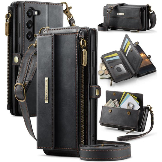 For Samsung Galaxy S23 5G CaseMe C39 RFID Blocking Zipper Wallet Leather Phone Case with Crossbody Strap(Black)
