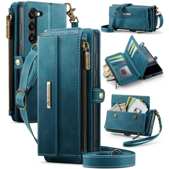 For Samsung Galaxy S23 5G CaseMe C39 RFID Blocking Zipper Wallet Leather Phone Case with Crossbody Strap(Green)
