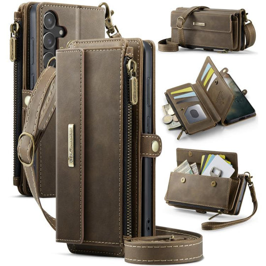 For Samsung Galaxy S23 FE 5G CaseMe C39 RFID Blocking Zipper Wallet Leather Phone Case with Crossbody Strap(Coffee)