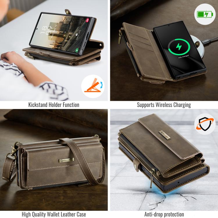 For Samsung Galaxy S23 Ultra 5G CaseMe C39 RFID Blocking Zipper Wallet Leather Phone Case with Crossbody Strap(Coffee) - Galaxy Phone Cases by CaseMe | Online Shopping UK | buy2fix
