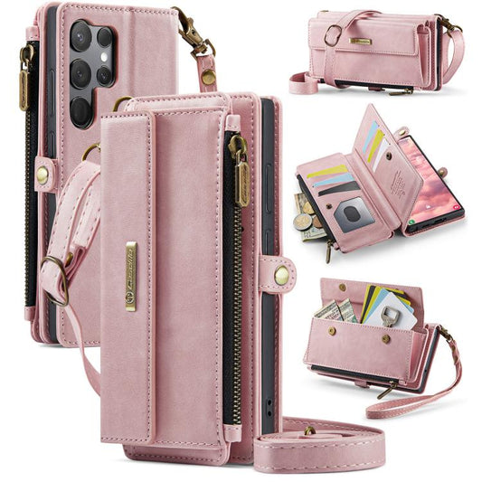 For Samsung Galaxy S23 Ultra 5G CaseMe C39 RFID Blocking Zipper Wallet Leather Phone Case with Crossbody Strap(Pink) - Galaxy Phone Cases by CaseMe | Online Shopping UK | buy2fix