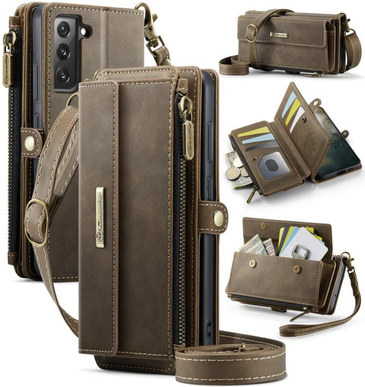 For Samsung Galaxy S22 5G CaseMe C39 RFID Blocking Zipper Wallet Leather Phone Case with Crossbody Strap(Coffee) - Galaxy S22 5G Cases by CaseMe | Online Shopping UK | buy2fix
