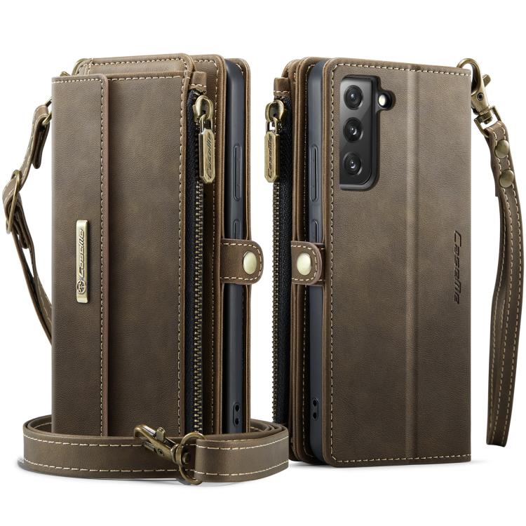 For Samsung Galaxy S22 5G CaseMe C39 RFID Blocking Zipper Wallet Leather Phone Case with Crossbody Strap(Coffee) - Galaxy S22 5G Cases by CaseMe | Online Shopping UK | buy2fix