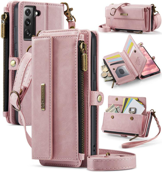 For Samsung Galaxy S22 5G CaseMe C39 RFID Blocking Zipper Wallet Leather Phone Case with Crossbody Strap(Pink) - Galaxy S22 5G Cases by CaseMe | Online Shopping UK | buy2fix