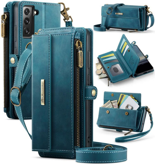 For Samsung Galaxy S22 5G CaseMe C39 RFID Blocking Zipper Wallet Leather Phone Case with Crossbody Strap(Green) - Galaxy S22 5G Cases by CaseMe | Online Shopping UK | buy2fix
