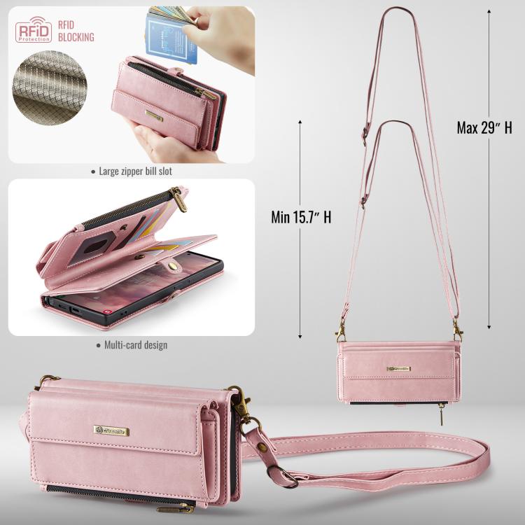 For Samsung Galaxy S22 Ultra 5G CaseMe C39 RFID Blocking Zipper Wallet Leather Phone Case with Crossbody Strap(Pink) - Galaxy Phone Cases by CaseMe | Online Shopping UK | buy2fix