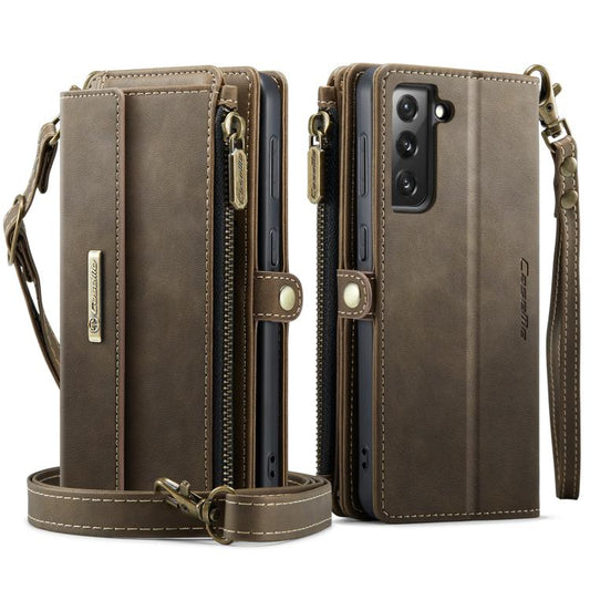 For Samsung Galaxy S21 FE 5G CaseMe C39 RFID Blocking Zipper Wallet Leather Phone Case with Crossbody Strap(Coffee) - Galaxy Phone Cases by CaseMe | Online Shopping UK | buy2fix