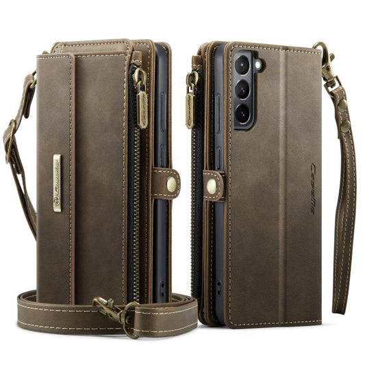 For Samsung Galaxy S21+ 5G CaseMe C39 RFID Blocking Zipper Wallet Leather Phone Case with Crossbody Strap(Coffee) - Galaxy Phone Cases by CaseMe | Online Shopping UK | buy2fix