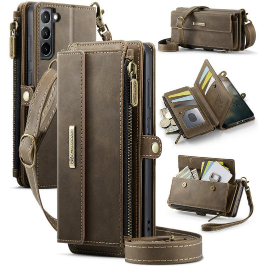 For Samsung Galaxy S21+ 5G CaseMe C39 RFID Blocking Zipper Wallet Leather Phone Case with Crossbody Strap(Coffee) - Galaxy Phone Cases by CaseMe | Online Shopping UK | buy2fix