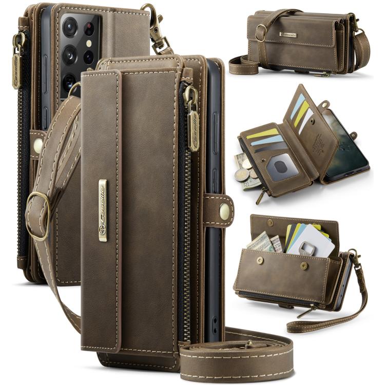 For Samsung Galaxy S21 Ultra 5G CaseMe C39 RFID Blocking Zipper Wallet Leather Phone Case with Crossbody Strap(Coffee) - Galaxy Phone Cases by CaseMe | Online Shopping UK | buy2fix