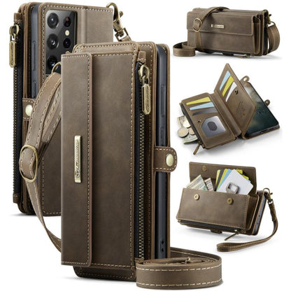 For Samsung Galaxy S21 Ultra 5G CaseMe C39 RFID Blocking Zipper Wallet Leather Phone Case with Crossbody Strap(Coffee) - Galaxy Phone Cases by CaseMe | Online Shopping UK | buy2fix
