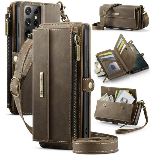 For Samsung Galaxy S21 Ultra 5G CaseMe C39 RFID Blocking Zipper Wallet Leather Phone Case with Crossbody Strap(Coffee) - Galaxy Phone Cases by CaseMe | Online Shopping UK | buy2fix