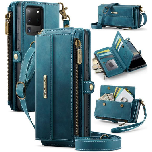 For Samsung Galaxy S20 Ultra 5G CaseMe C39 RFID Blocking Zipper Wallet Leather Phone Case with Crossbody Strap(Green) - Galaxy Phone Cases by CaseMe | Online Shopping UK | buy2fix