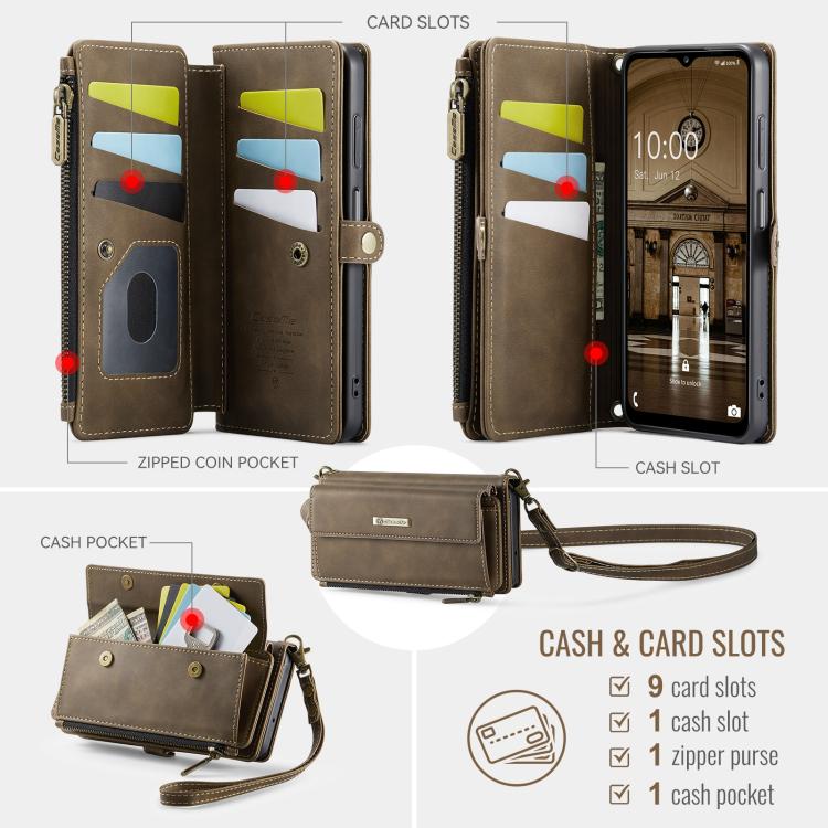 For Samsung Galaxy A13 CaseMe C39 RFID Blocking Zipper Wallet Leather Phone Case with Crossbody Strap(Coffee) - Galaxy Phone Cases by CaseMe | Online Shopping UK | buy2fix