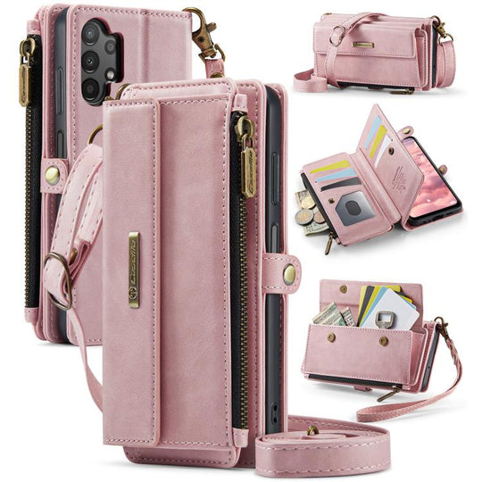 For Samsung Galaxy A13 CaseMe C39 RFID Blocking Zipper Wallet Leather Phone Case with Crossbody Strap(Pink)
