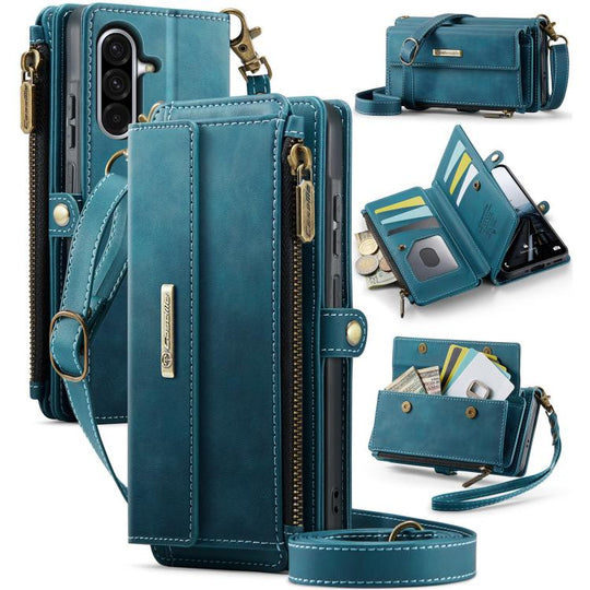For Samsung Galaxy A56 5G CaseMe C39 RFID Blocking Zipper Wallet Leather Phone Case with Crossbody Strap(Green)