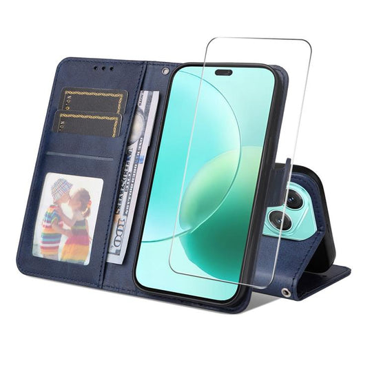 For Honor 400 Lite Global ENKAY Card Wallet Calf Texture Leather Phone Case with Screen Film(Blue)