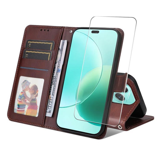 For Honor 400 Lite Global ENKAY Card Wallet Calf Texture Leather Phone Case with Screen Film(Brown)