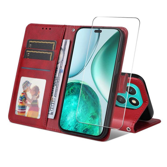 For Honor X8c ENKAY Card Wallet Calf Texture Leather Phone Case with Screen Film(Red)
