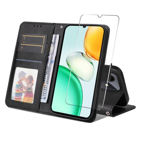 For Honor Play10 4G Global ENKAY Card Wallet Calf Texture Leather Phone Case with Screen Film(Black)