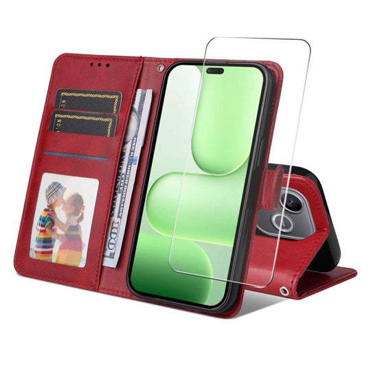 For Honor 600 Lite Global / 500 Smart ENKAY Card Wallet Calf Texture Leather Phone Case with Screen Film(Red)