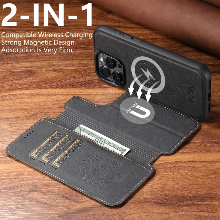 For iPhone 16 Pro Suteni Q05 2-in-1 Multi-function MagSafe Wallet Litchi Leather Phone Case(Black) - iPhone 16 Pro Cases by Suteni | Online Shopping UK | buy2fix