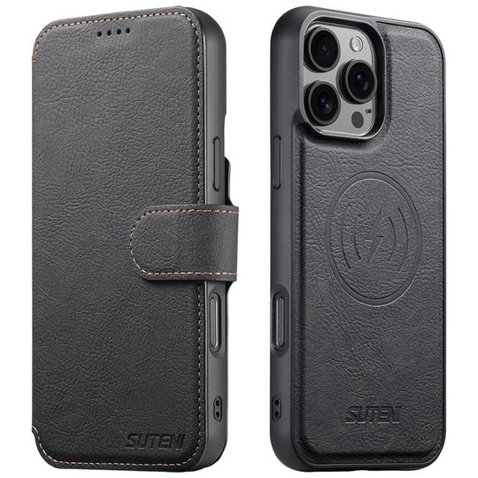 For iPhone 16 Pro Suteni Q05 2-in-1 Multi-function MagSafe Wallet Litchi Leather Phone Case(Black)