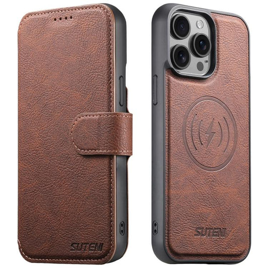 For iPhone 15 Pro Max Suteni Q05 2-in-1 Multi-function MagSafe Wallet Litchi Leather Phone Case(Brown) - iPhone 15 Pro Max Cases by Suteni | Online Shopping UK | buy2fix