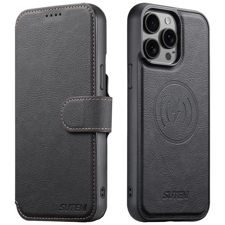 For iPhone 15 Pro Suteni Q05 2-in-1 Multi-function MagSafe Wallet Litchi Leather Phone Case(Black) - iPhone 15 Pro Cases by Suteni | Online Shopping UK | buy2fix